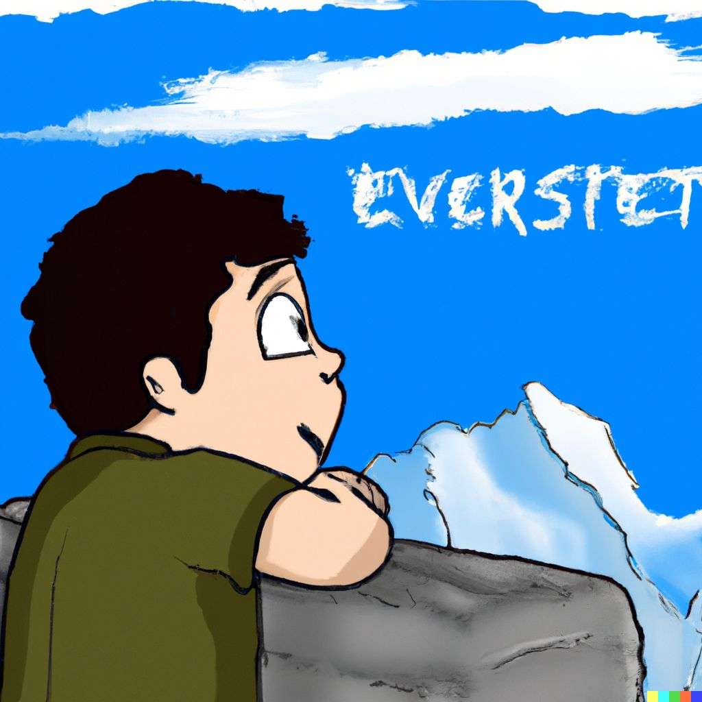 someone gazing at Mount Everest, cartoon, chibi
